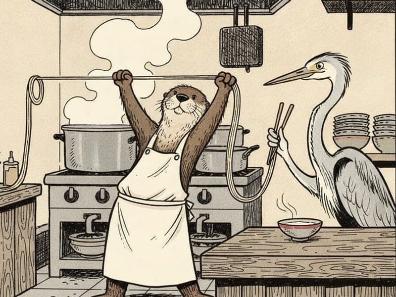 An otter chef in an apron stretches a hand-pulled noodle across the kitchen while a heron customer waits at the counter with chopsticks raised