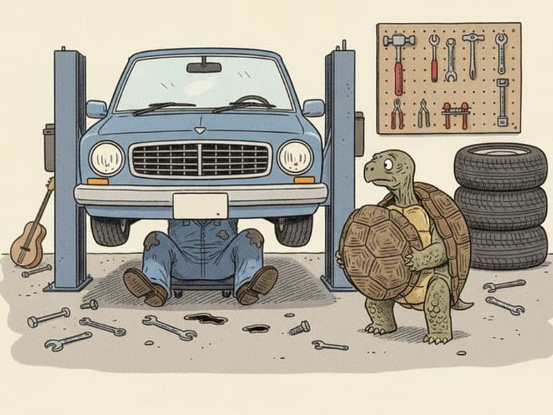 A mechanic's legs stick out from under a blue car on a lift while a worried turtle customer stands nearby holding his own shell