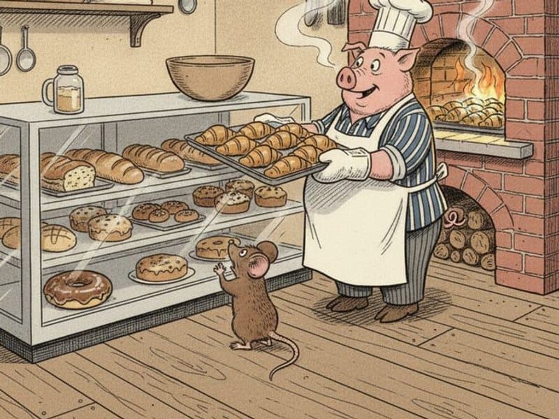 A cheerful pig baker lifts a tray of croissants from the brick oven while a small mouse gazes up at a donut in the glass display case