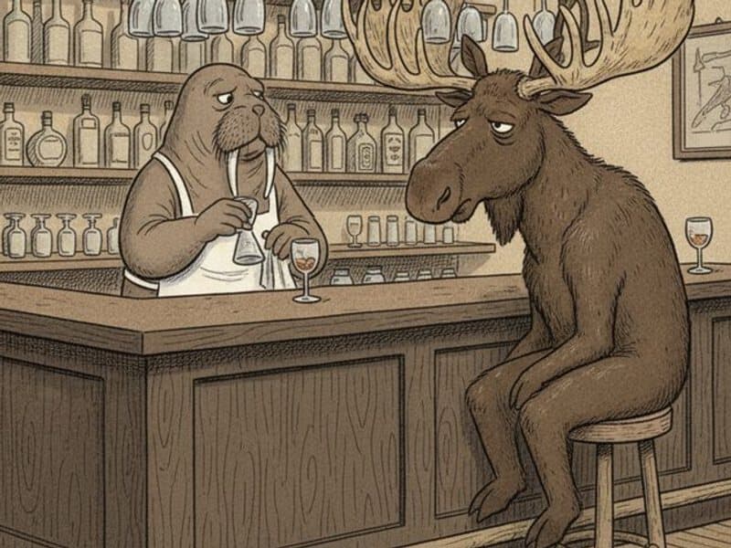 A walrus bartender polishes a glass behind a wooden bar while a weary moose with enormous antlers slumps on a bar stool
