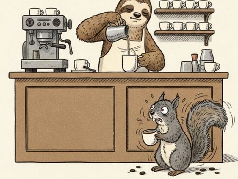 A sleepy sloth barista slowly pours a latte while a jittery squirrel customer trembles at the counter clutching a coffee cup