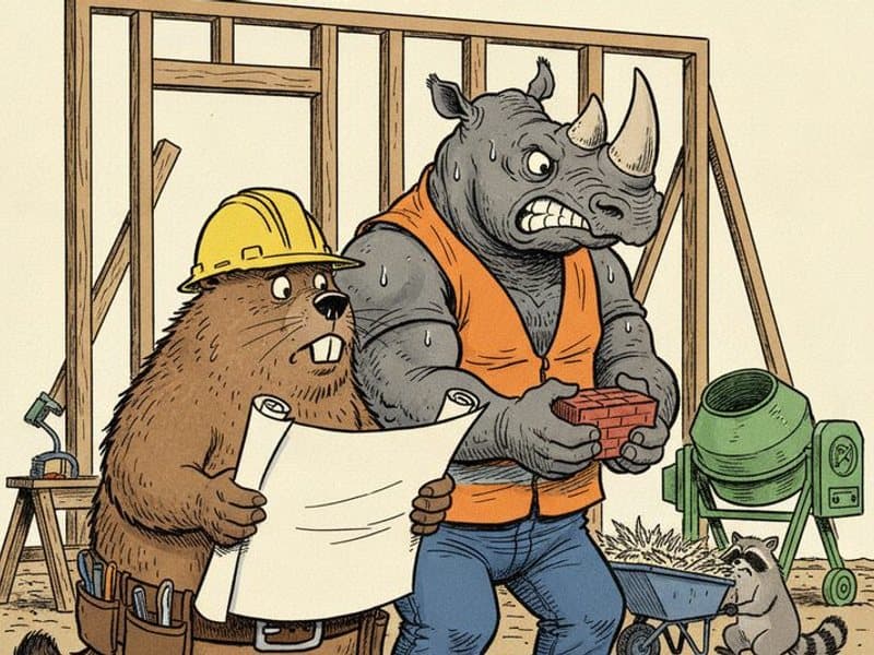 A beaver foreman in a hard hat studies a blank blueprint while a straining rhinoceros in a safety vest carries a single brick and a small raccoon pushes a wheelbarrow