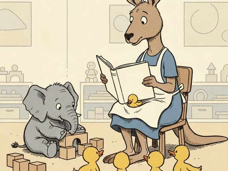 A kangaroo teacher on a tiny chair reads a picture book to a row of ducklings and a baby elephant playing with blocks, with one duckling perched on her lap