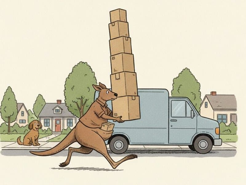 A hurried kangaroo delivery driver carries a towering stack of plain boxes past an unmarked van on a suburban street while a dog watches from the sidewalk