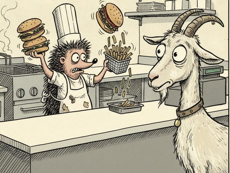 A harried hedgehog cook in a paper hat juggles hamburgers and a basket of fries while a wide-eyed goat customer waits at the counter