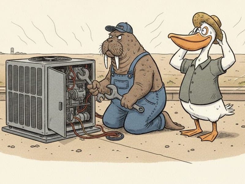 A walrus HVAC technician in coveralls repairs a rooftop air conditioner under a blazing sun while a pelican customer fans himself with his hat