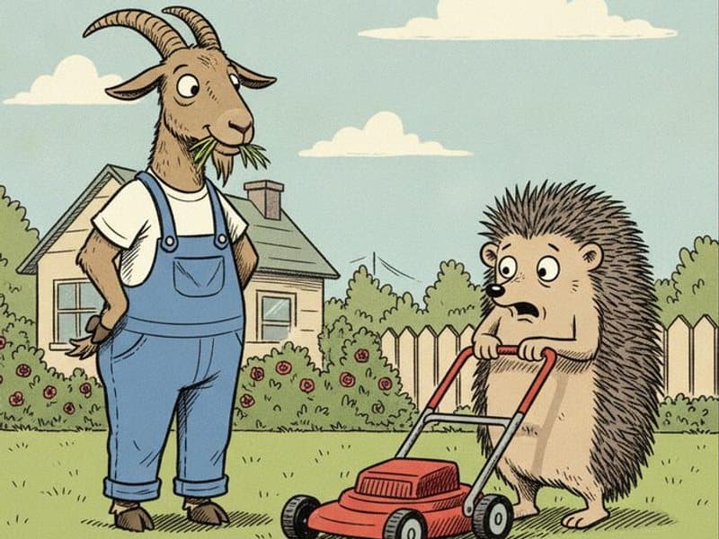 A goat landscaper in overalls chews a mouthful of grass beside a perfectly trimmed lawn while a startled hedgehog homeowner stands behind an unused lawn mower