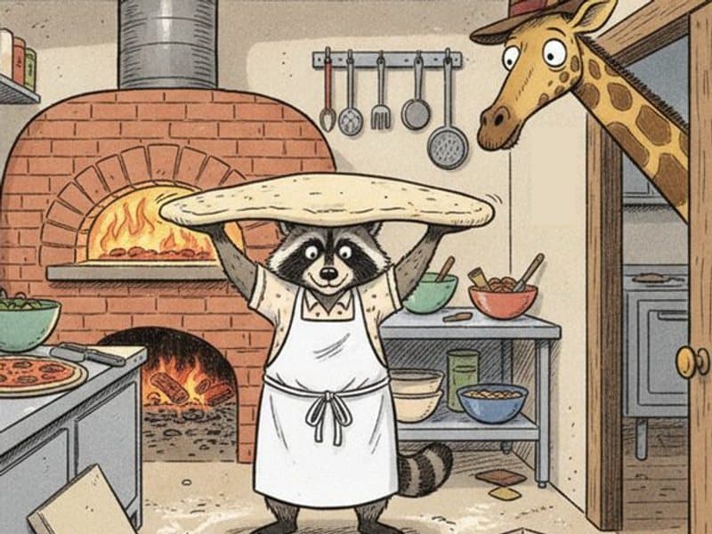 A raccoon pizza maker in an apron spins a huge disc of dough overhead beside a glowing brick oven while a giraffe in a hat peers in through the doorway