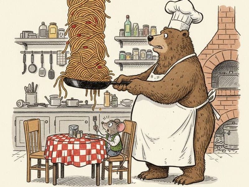 A flustered bear chef in a white apron and toque holds out a skillet piled impossibly high with spaghetti while a tiny mouse diner at a checkered table stares up at it