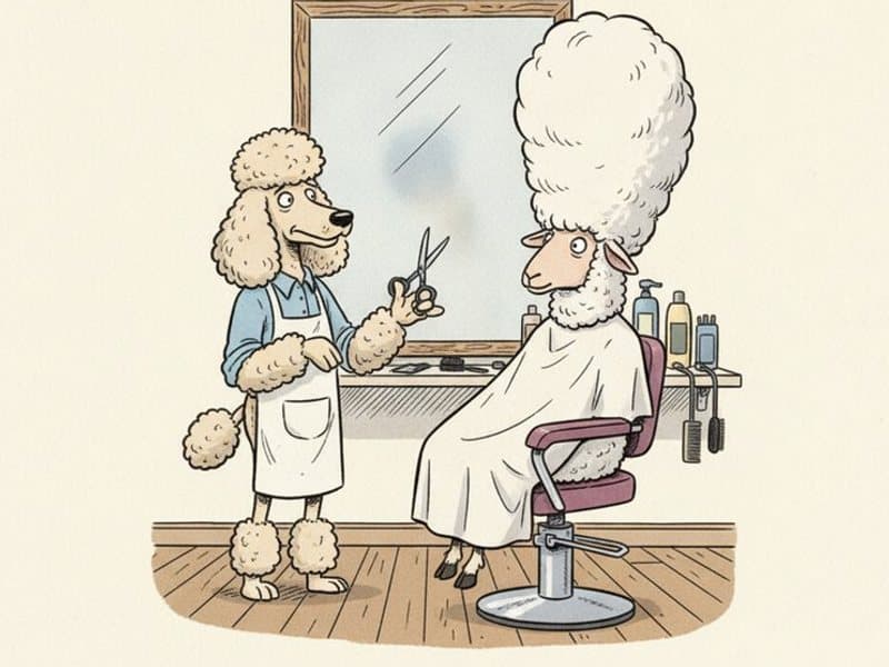 A poodle stylist with scissors stands proudly beside a sheep in the salon chair whose wool has been sculpted into an enormous towering bouffant